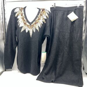 VTG Nilani 80s Black Silk/Angora Sequin/Beaded Sweater w/Matching Skirt-Sz M NOS